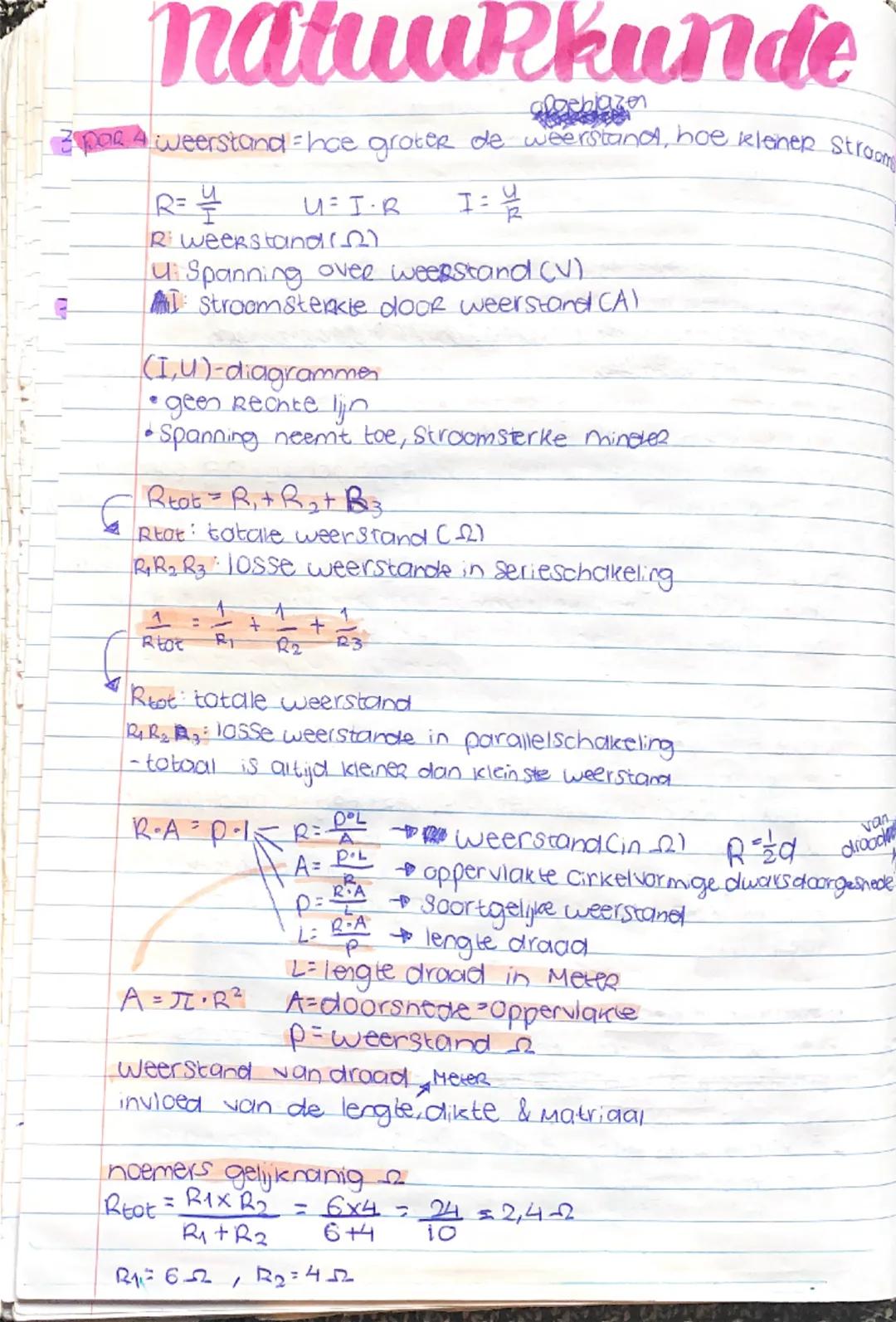 # natuurkunde
Z par 4 weerstand = hoe groter de weerstand, hoe klenep Stroom
$R = \frac{U}{I}$ $U = I \cdot R$ $I = \frac{U}{R}$
Ri wee