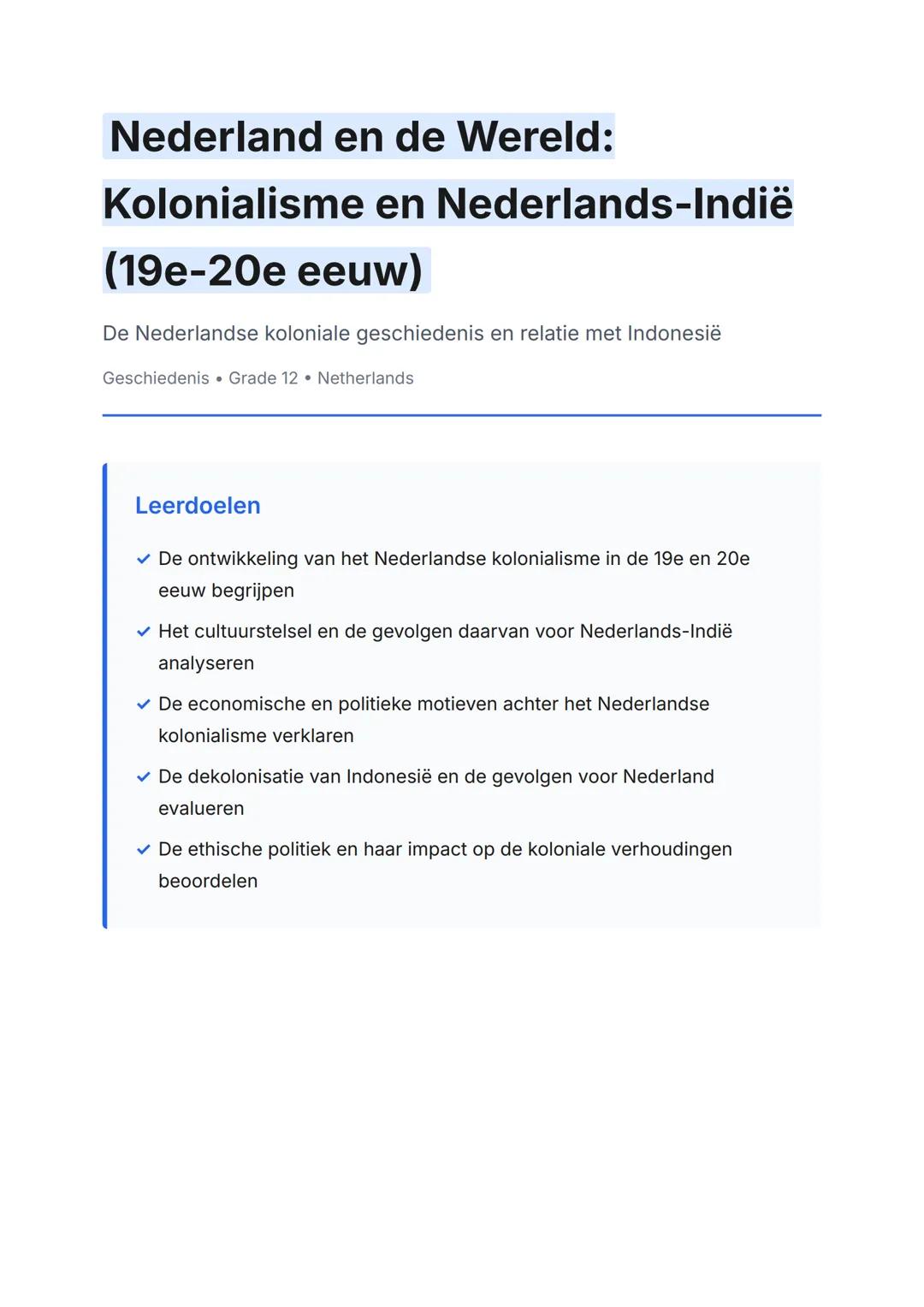 Nederland en de Wereld: Kolonialisme en Nederlands-Indië (19e-20e eeuw)