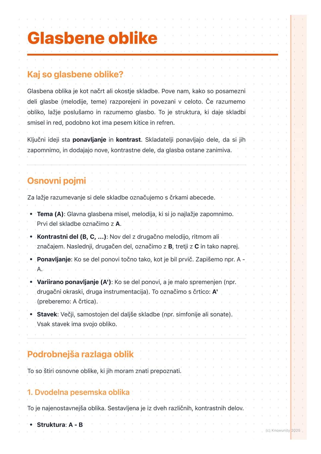 # Glasbene oblike
Kaj so glasbene oblike?
Glasbena oblika je kot načrt ali okostje skladbe. Pove nam, kako so posamezni
deli glasbe (melod
