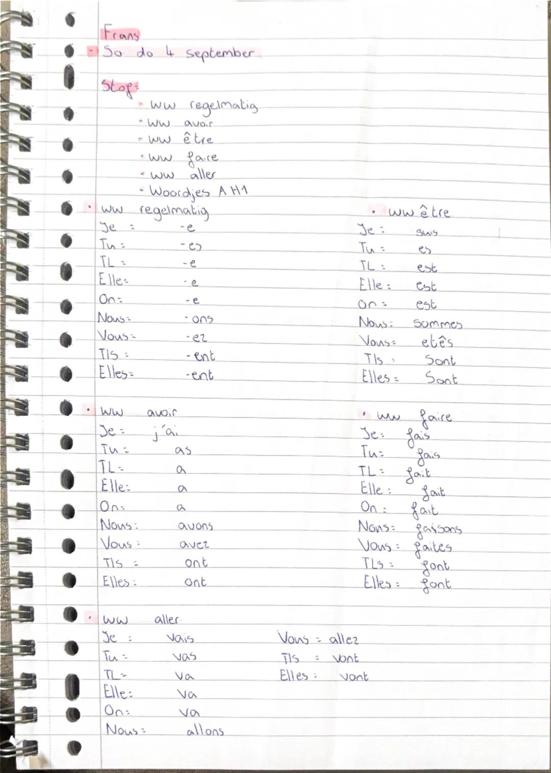 Frans
So do 4 september
Stof
- ww regelmatig
-ww avoir
- ww être
33
- mm. faire
- ww aller
- Woordjes A H1
regelmatig
• ww être
Je :
-e