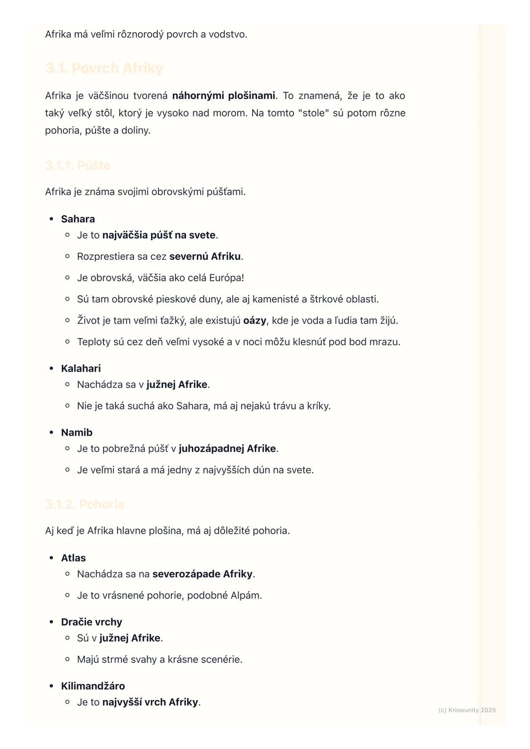# Povrch a vodstvo Afriky
1. Úvod do povrchu a vodstva Afriky
Afrika je obrovský kontinent a má veľmi rozmanitý povrch a veľa zaujímavých