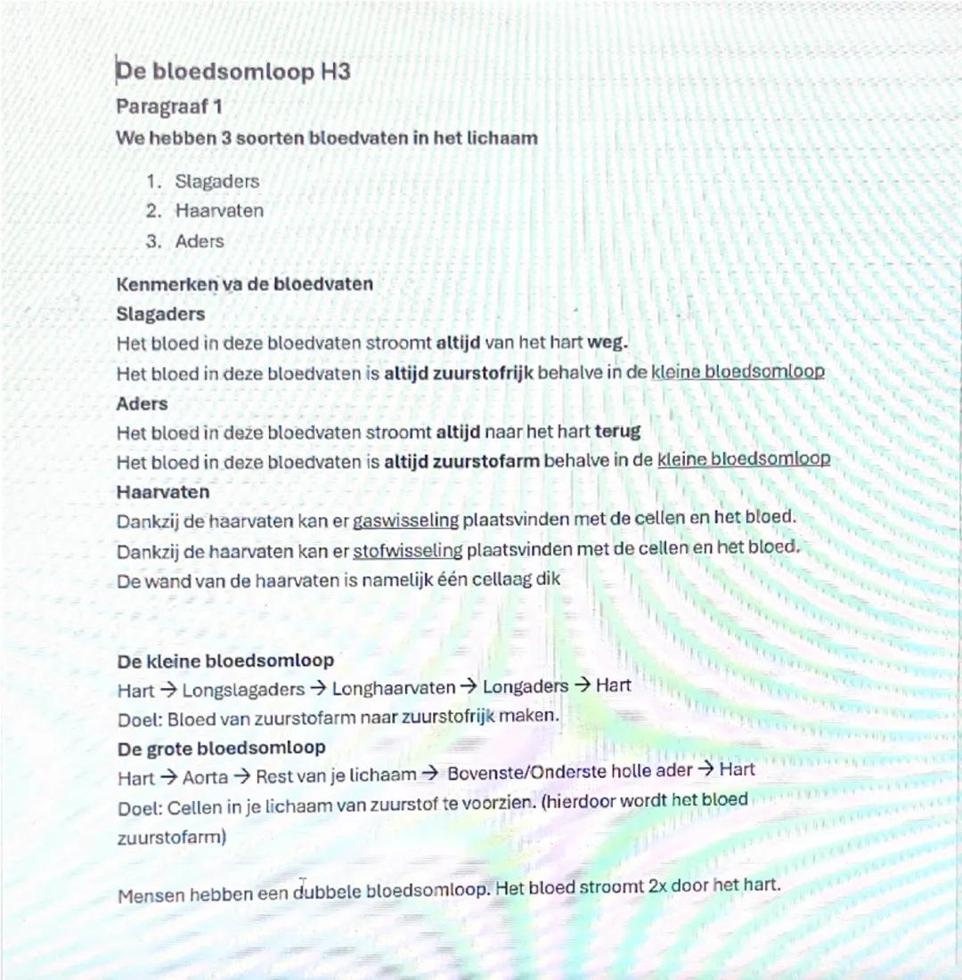 De bloedsomloop H3
Paragraaf 1
We hebben 3 soorten bloedvaten in het lichaam
1. Slagaders
2. Haarvaten
3. Aders
Kenmerken va de bloedvaten
S