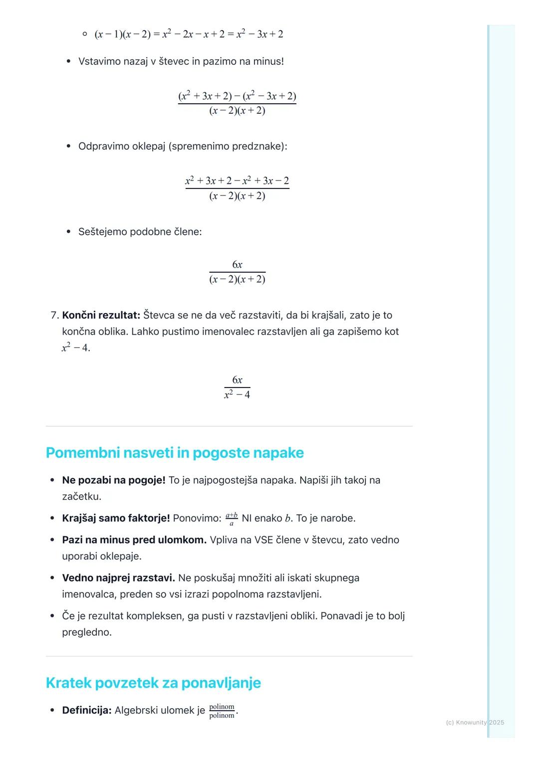 # Algebrski ulomki
Uvod v algebrske ulomke
Algebrski ulomki so v bistvu posplošitev navadnih ulomkov, s katerimi že
znamo računati. Razlik
