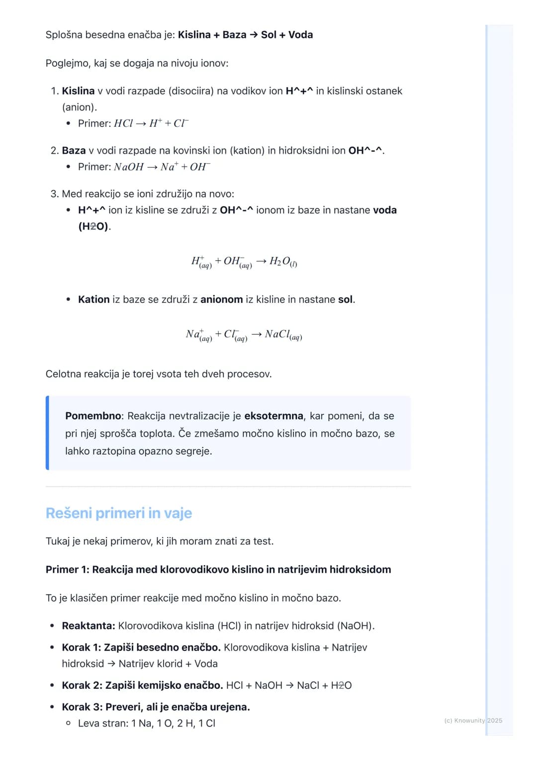 # Nevtralizacija
Uvod v nevtralizacijo
Nevtralizacija je kemijska reakcija med kislino in bazo. Pri tej reakciji nastaneta
sol in voda. Im
