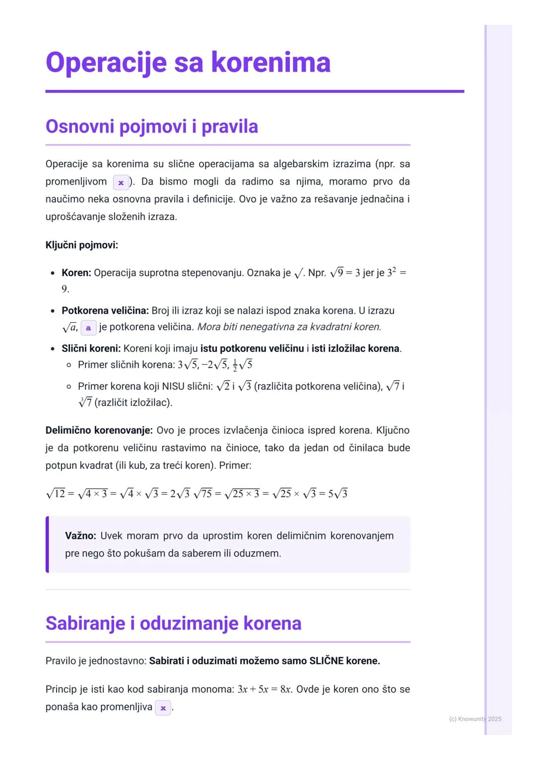 # Operacije sa korenima
Osnovni pojmovi i pravila
Operacije sa korenima su slične operacijama sa algebarskim izrazima (npr. sa
promenljivo