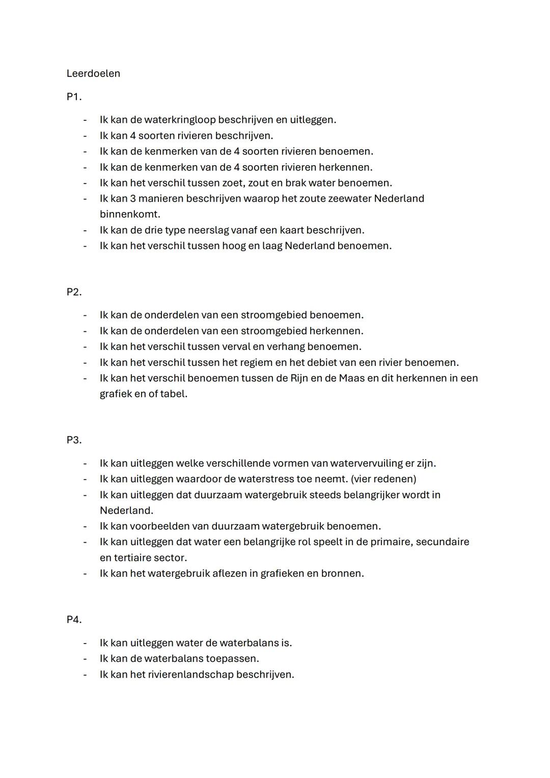 Leerdoelen
P1.
- Ik kan de waterkringloop beschrijven en uitleggen.
- Ik kan 4 soorten rivieren beschrijven.
- Ik kan de kenmerken van de