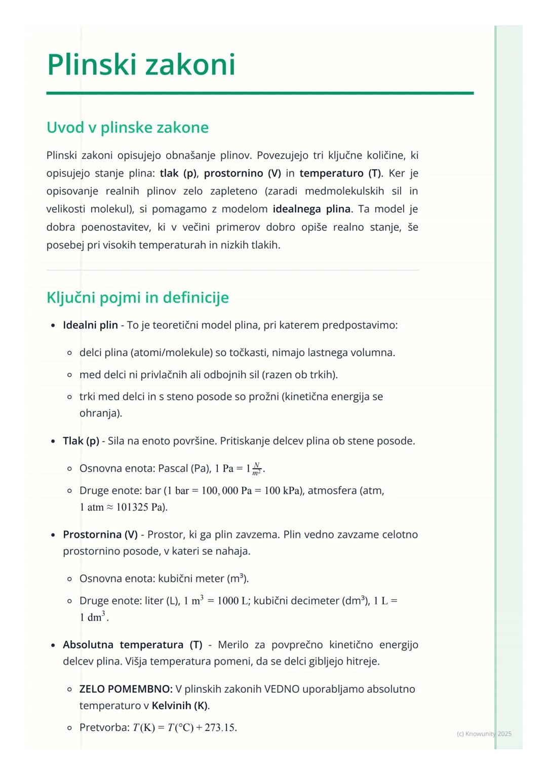 # Plinski zakoni
Uvod v plinske zakone
Plinski zakoni opisujejo obnašanje plinov. Povezujejo tri ključne količine, ki
opisujejo stanje pli