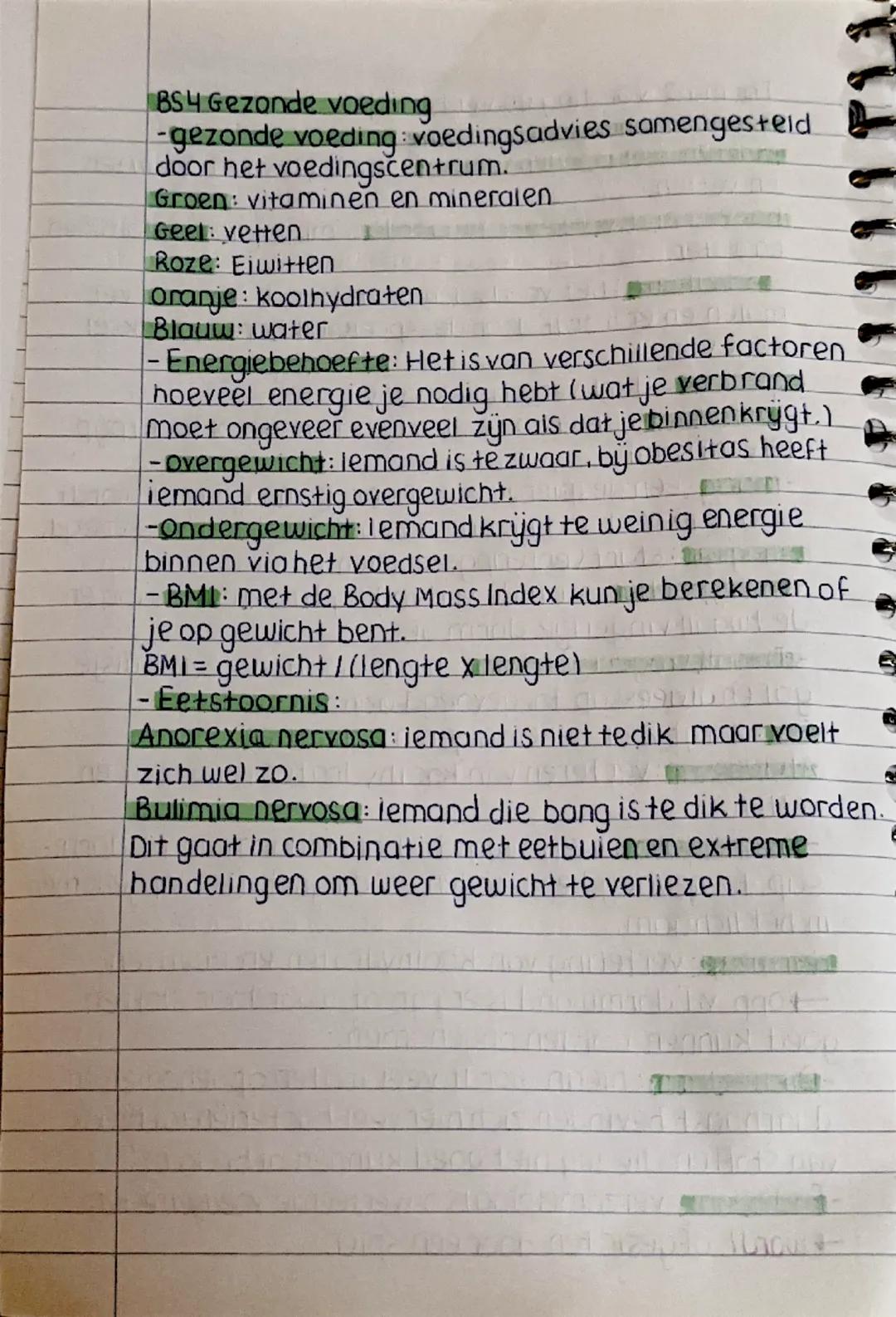 BS4 Gezonde voeding
-gezonde voeding: voedingsadvies samengesteld
door het voedingscentrum.
Groen: vitaminen en mineralen
Geel: vetten
Roze: