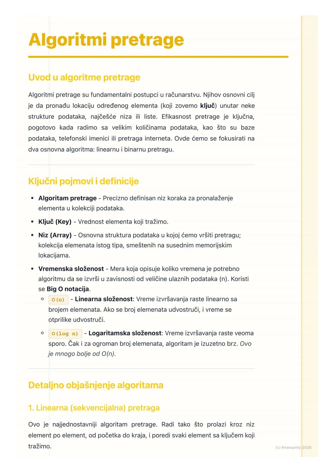 # Algoritmi pretrage
Uvod u algoritme pretrage
Algoritmi pretrage su fundamentalni postupci u računarstvu. Njihov osnovni cilj
je da prona