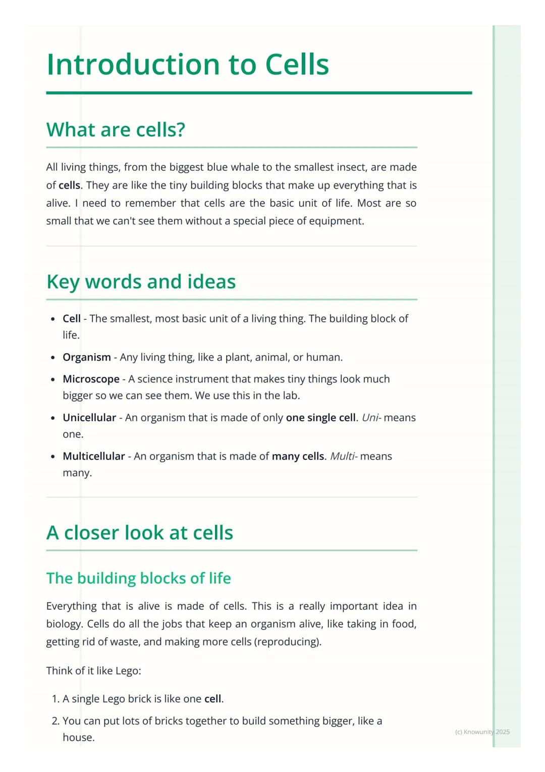 # Introduction to Cells
## What are cells?
All living things, from the biggest blue whale to the smallest insect, are made
of cells. They