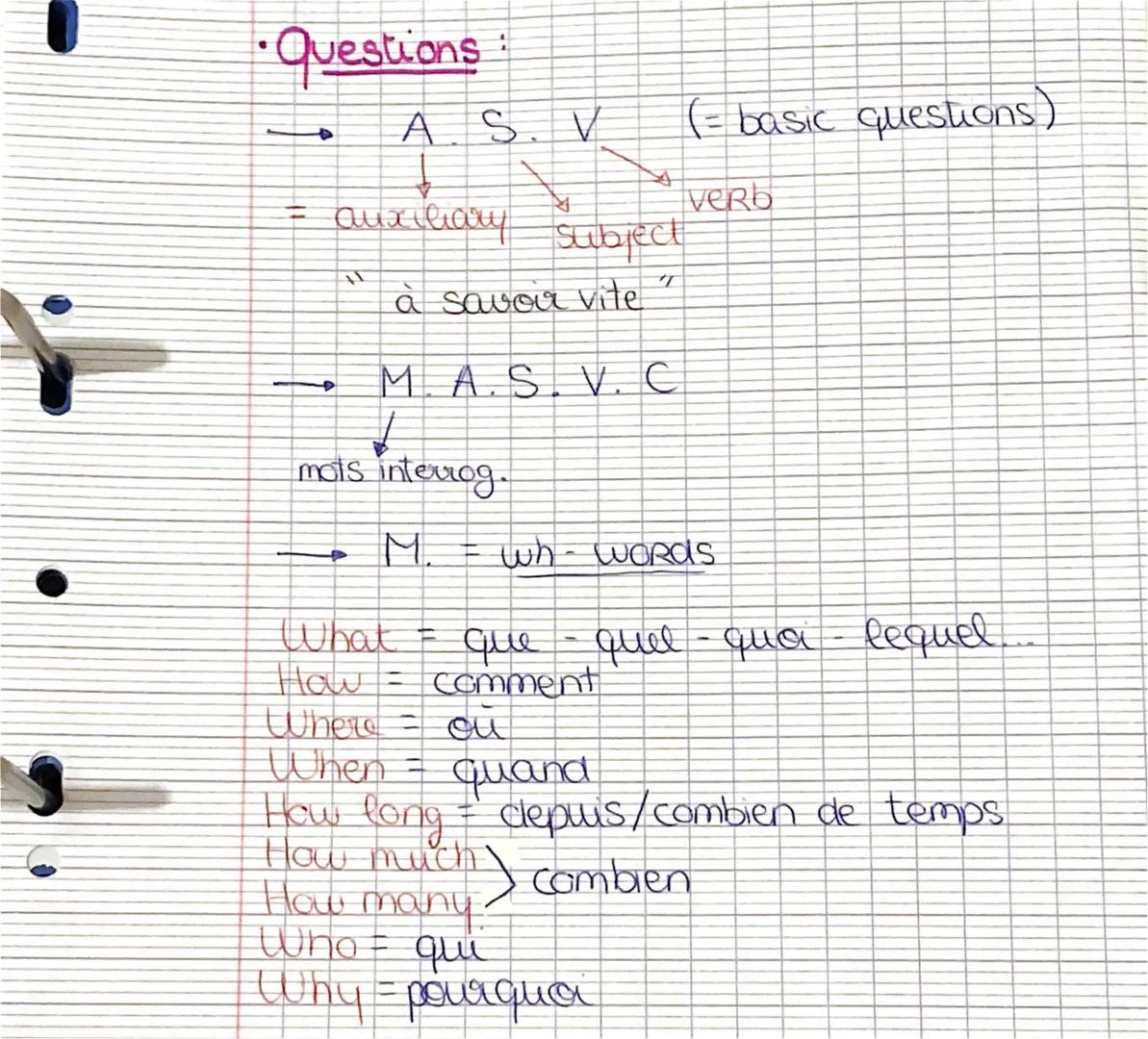 - ·Questions :
- A.S. V (= basic questions)
- auxiliary
- verb
- Subject
- à savoir vite
- M.A.S. V. C
- mots interrog.
- M. = wh-WO