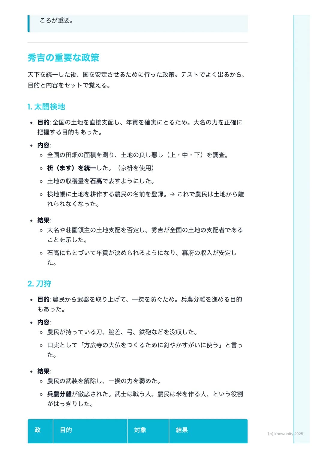 # 豊臣秀吉の天下統一
豊臣秀吉の天下統一
信長が本能寺の変で倒れた後、その後継者として天下統一を成し遂げたのが豊臣
秀吉。農民から天下人になった、すごい人。秀吉がどうやって日本をまとめ、ど
んな政治を行ったのかを整理する。
## 重要語句の確認
* 山崎の戦い - 本