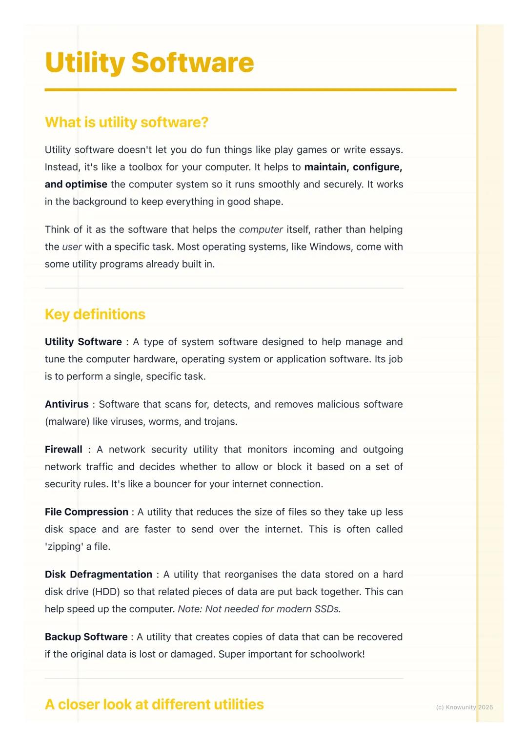 # Utility Software
## What is utility software?
Utility software doesn't let you do fun things like play games or write essays.
Instead, i