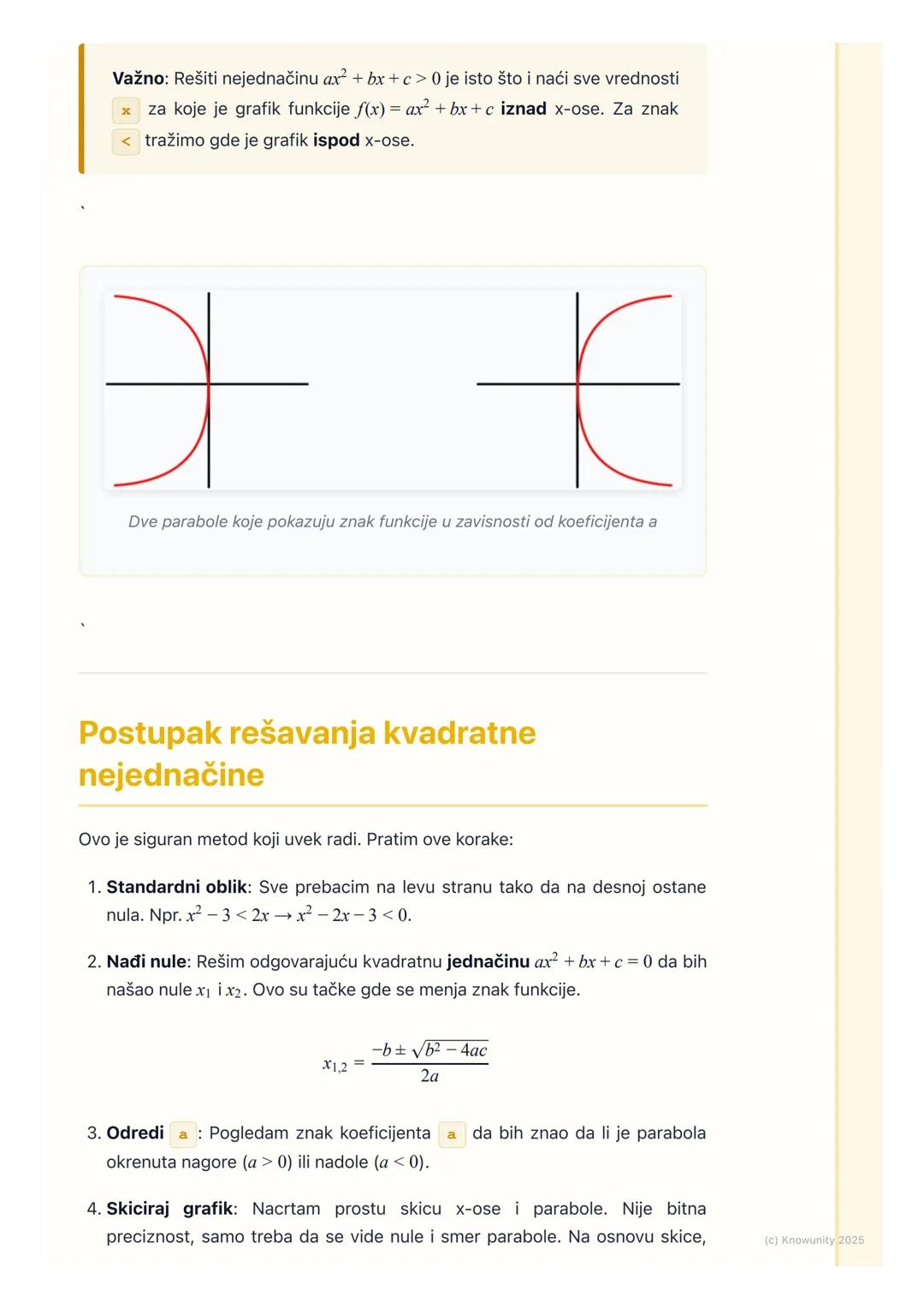 # Kvadratne nejednačine
# Uvod u kvadratne nejednačine
Kvadratne nejednačine su nejednačine gde se nepoznata $x$ pojavljuje na
drugi stepe