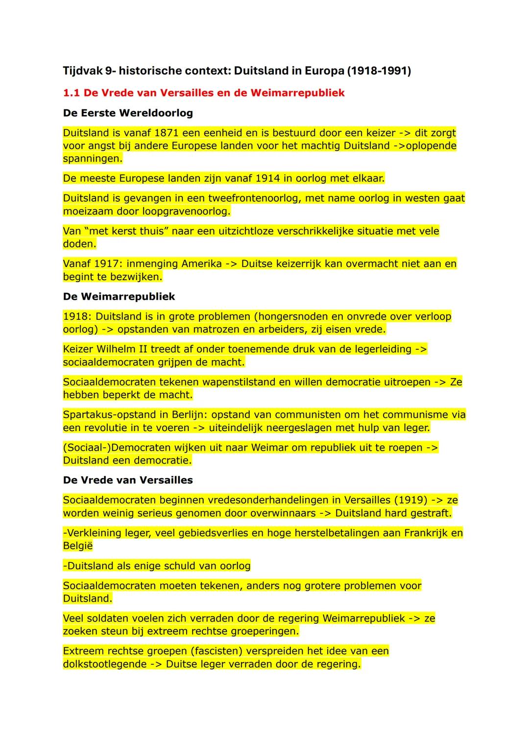 Tijdvak 9- historische context: Duitsland in Europa (1918-1991)
1.1 De Vrede van Versailles en de Weimarrepubliek
De Eerste Wereldoorlog