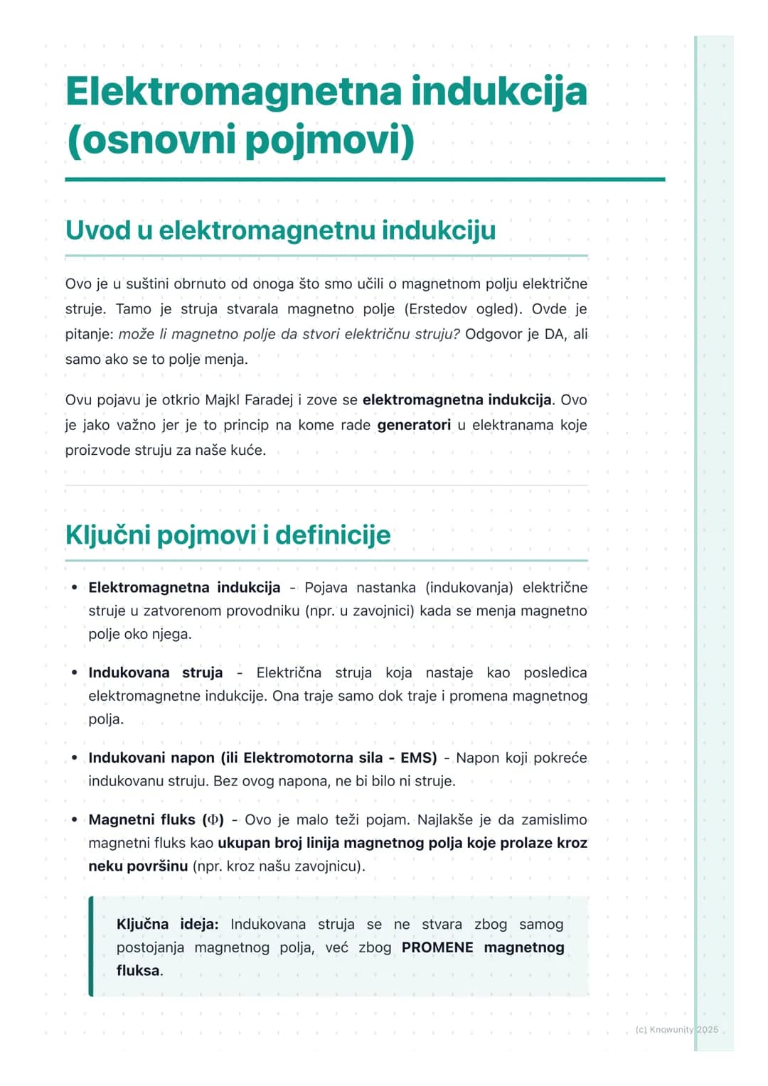 # Elektromagnetna indukcija
(osnovni pojmovi)
Uvod u elektromagnetnu indukciju
Ovo je u suštini obrnuto od onoga što smo učili o magnetnom
