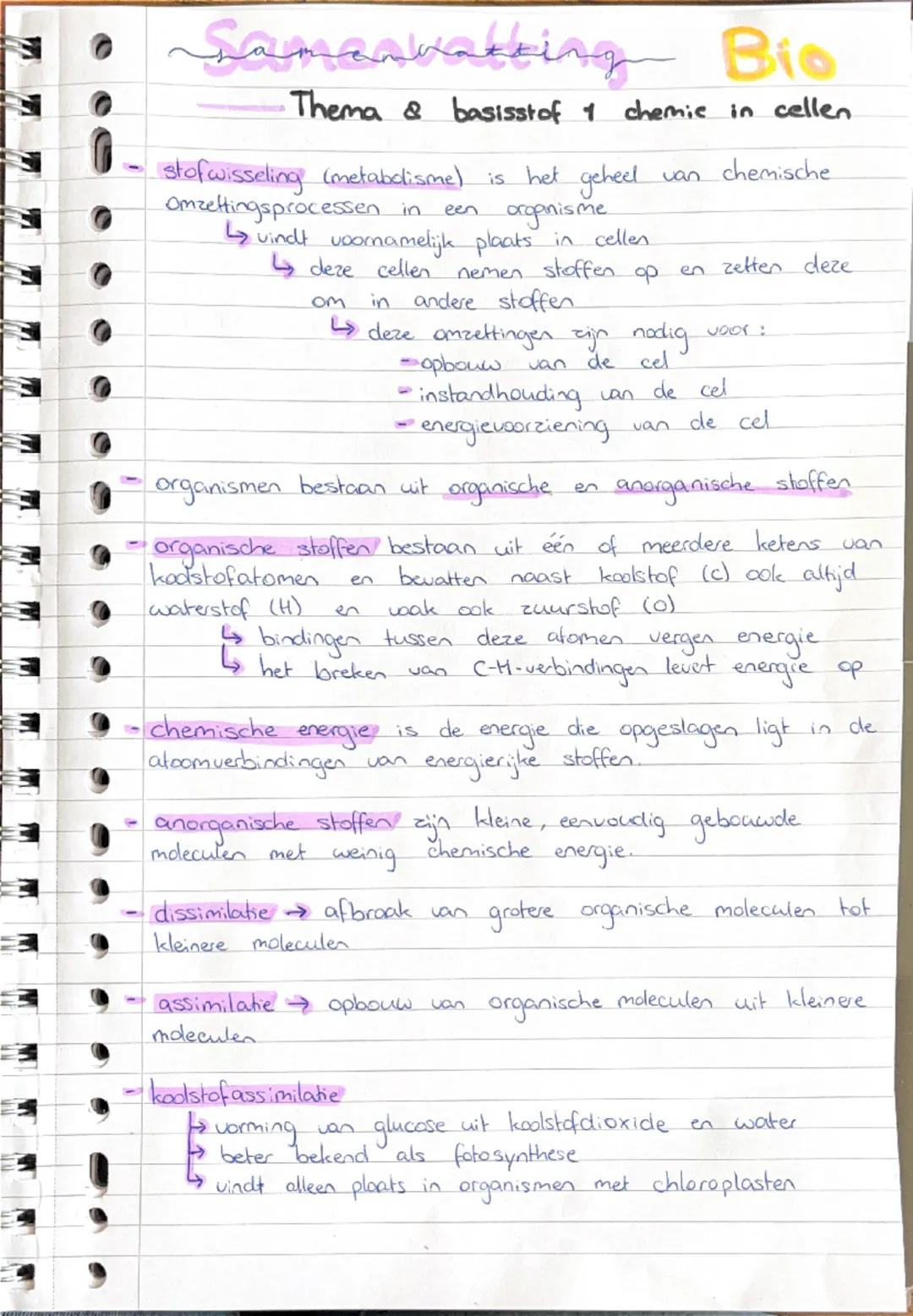 sananbakking Bio
Thema & basisstof 1 chemic in cellen
- stofwisseling (metabolisme) is het geheel van chemische
omzettingsprocessen in e