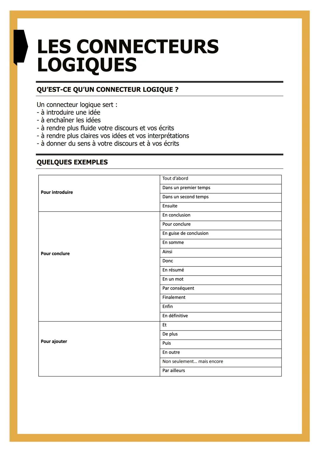# LES CONNECTEURS
# LOGIQUES
QU'EST-CE QU'UN CONNECTEUR LOGIQUE ?
Un connecteur logique sert :
- à introduire une idée
- à enchaîner les i