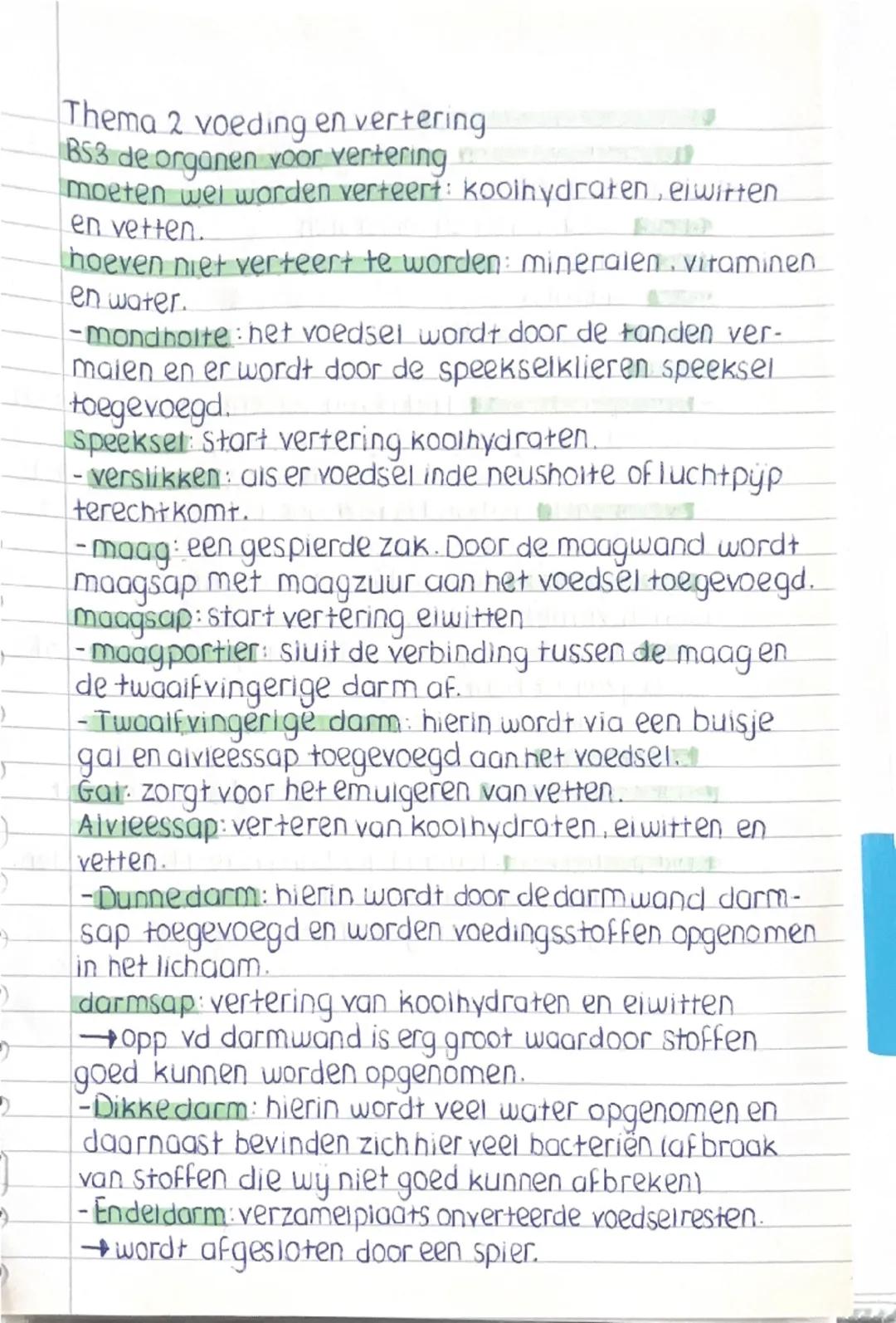 ## Thema 2 voeding en vertering
BS3 de organen voor vertering
moeten wel worden verteert: koolhydraten, eiwitten
en vetten.
hoeven niet ve